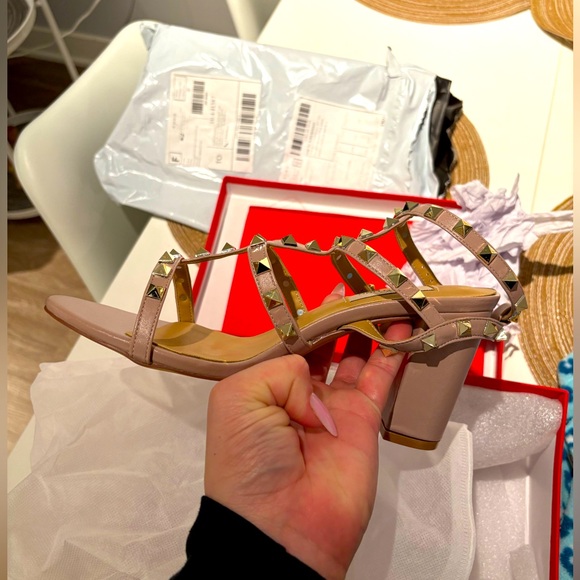 Nude Open Toe Sandal Heel with Gold Studs - Picture 1 of 5